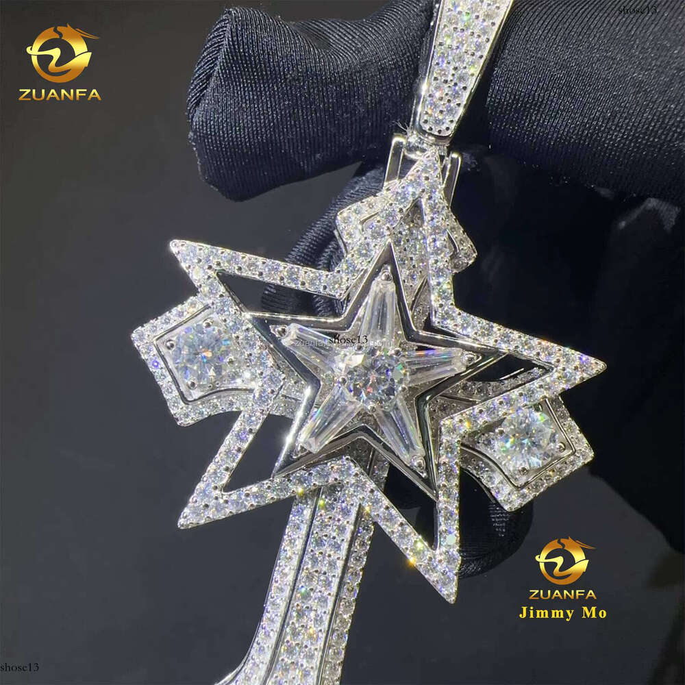 New Arrival Iced Out Hip Hop fashion Rapper Jewelry Sier Vvs1 Silicon Stone Star Cross Pendant For Men