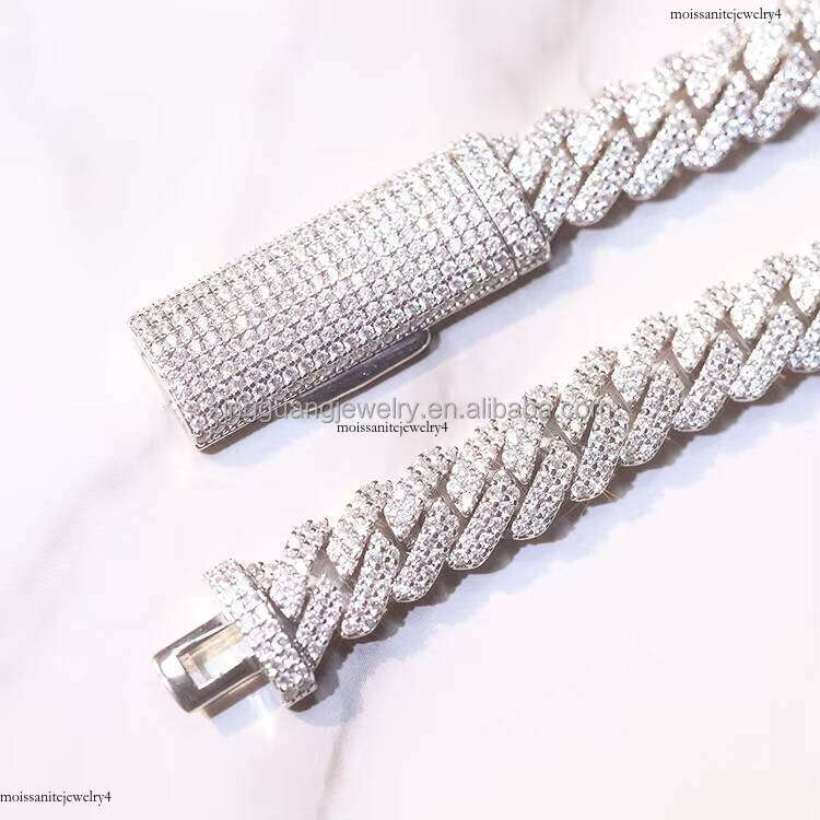 S Solid Sier Jewelry 2rows 10mm 12mm Width GRA Moissanite Dia Cuban Link Chain Hip Hop Necklace