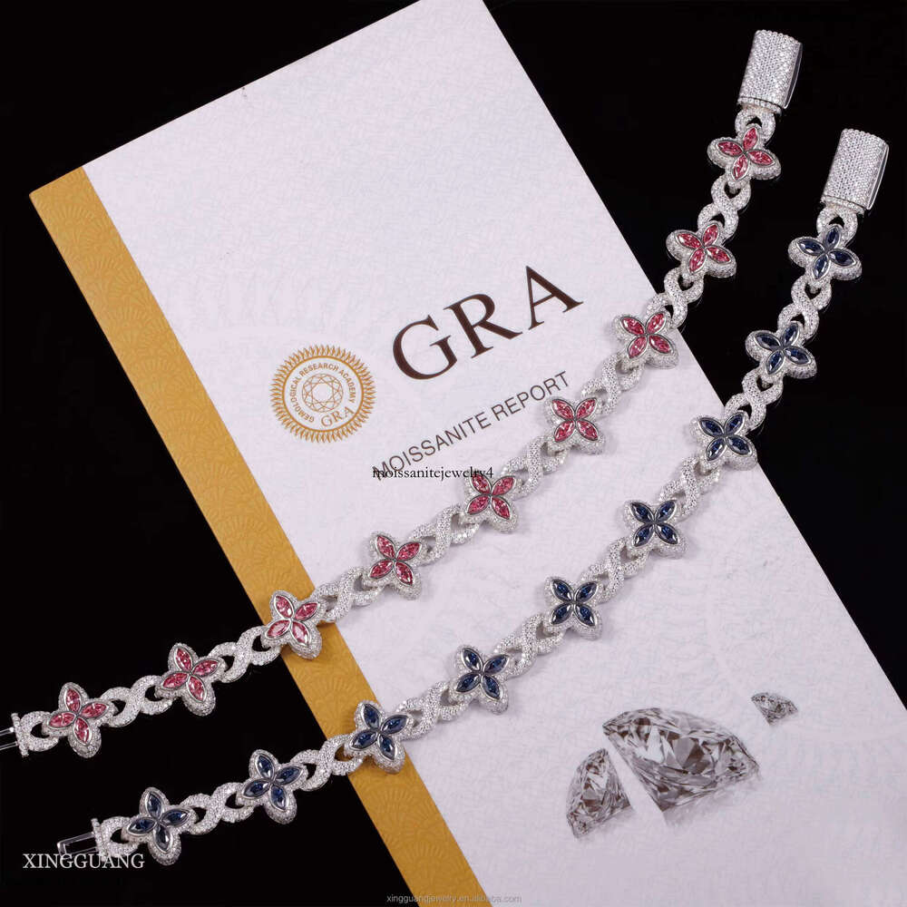12mm Lucky Clover Gold Plated Sier Hip Hop Iced Out VVS Pink Green Blue Dia Moissanite Bracelet for Gift