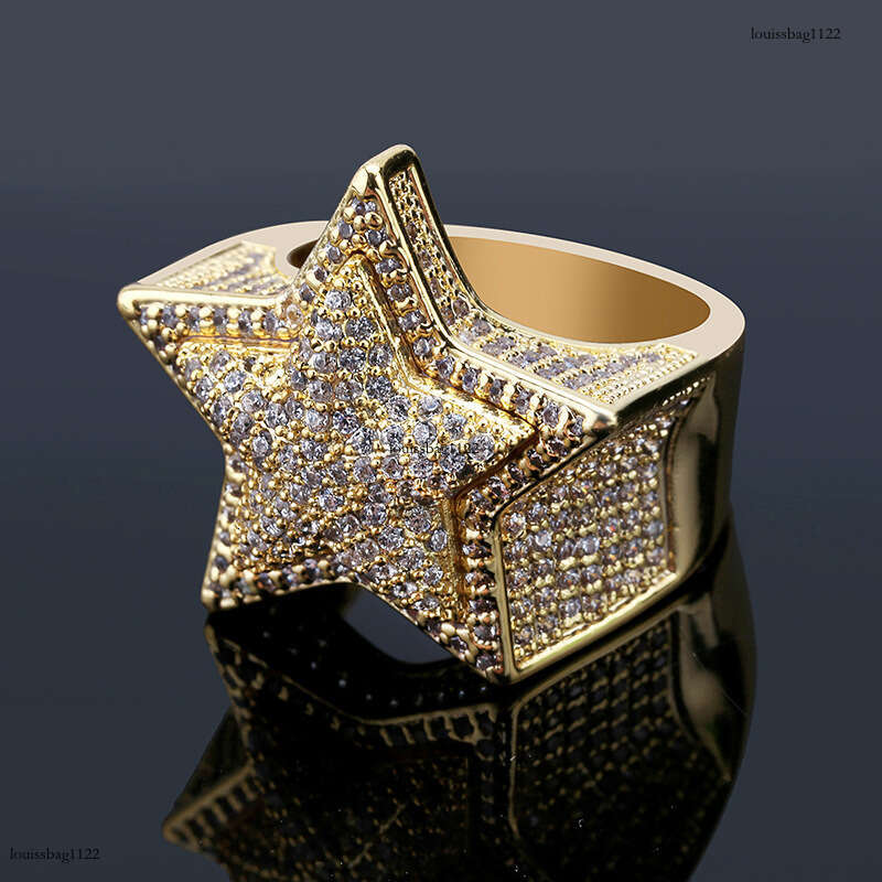 Hip Hop Full Diamond Pentagram Sterling Silver Gold Plated Street Style Personality Fashion Trendy Men's Versatile Ring