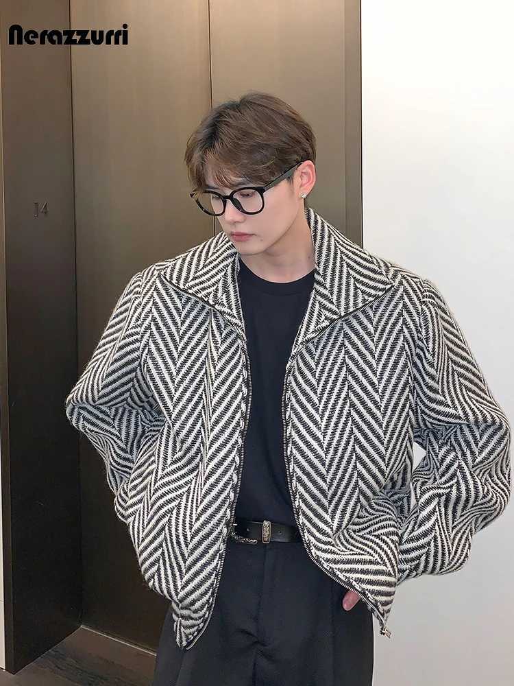 Nerazzurri Autumn Winter Warm Colorful Black and White Plaid Woolen Jacket Coat Men Zip Up Clothes Loose Casual Korean Fashion XJ250809