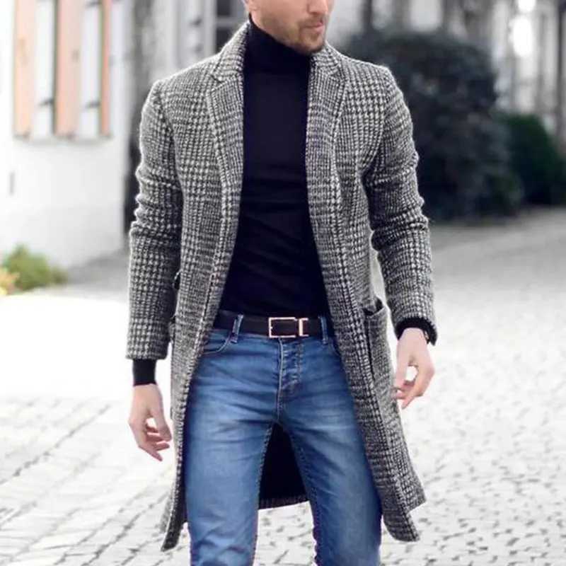 Winter Clothing Mens Fashion Trench Luxury Long Woolen Coat Casual Plaid Button Windbreaker Vintage Blends Premium 2024 New XJ250809