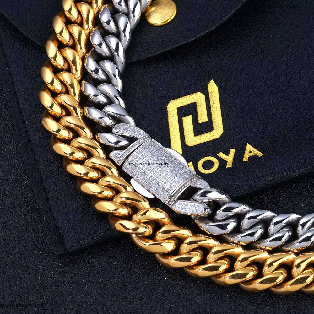 NUOYA Hip Hop Jewelry 12mm Cuban Link Chain Gold Plated Stainless Steel Necklace with Moissanite Dia Clasp for Men Women