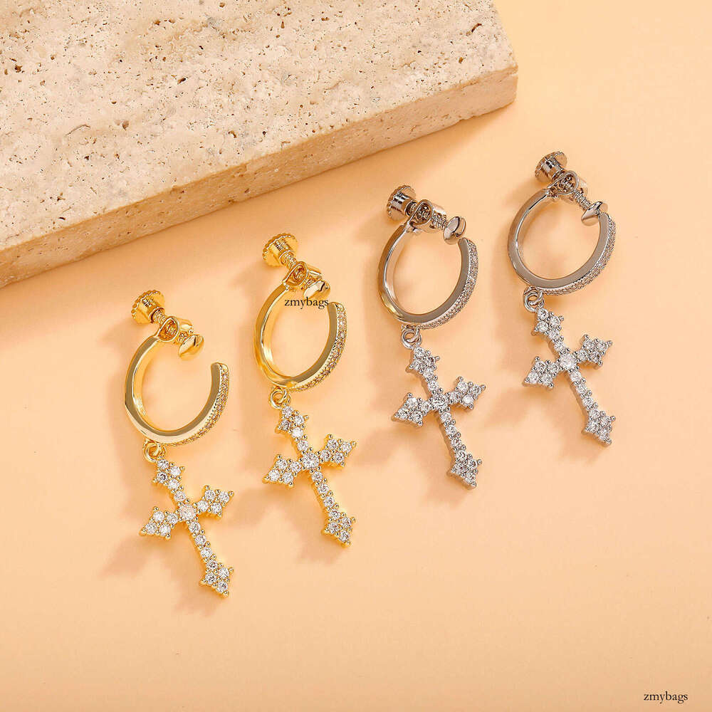 Painless Threaded Ear Clip Round Circle Inlaid Dia No Piercing Men's Cross Personality Earrings