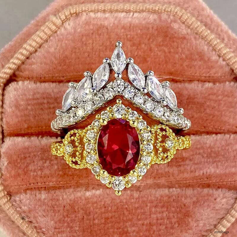 Choucong Brand Wedding Rings Jewelry White Gold Fill Oval Cut Red Garenet Marquise Zircon CZ Dia Court Party Women Couple Crown Ring Set Gift