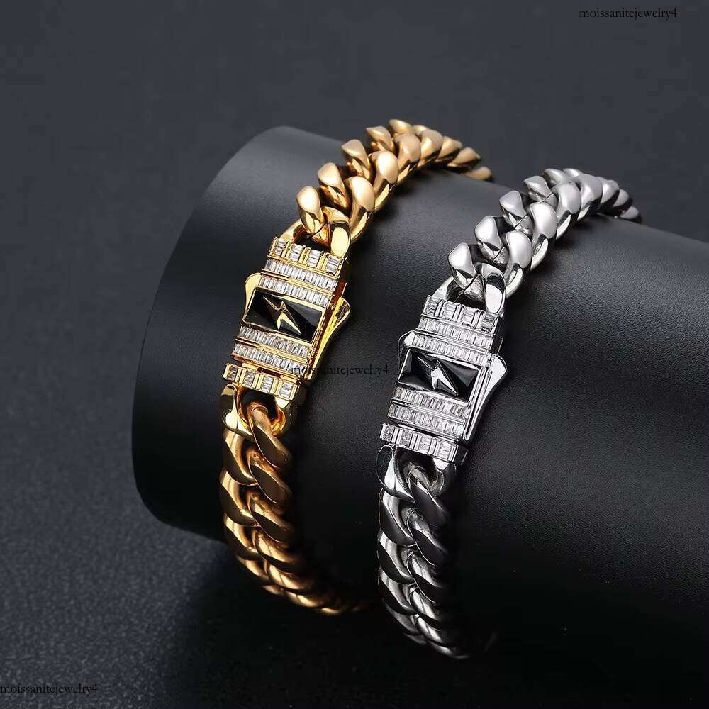 NUOYA Fashion Necklace Gold Plated Link Baguette Dia Clasp Custom Lighing Stainless Steel Cuban Chain