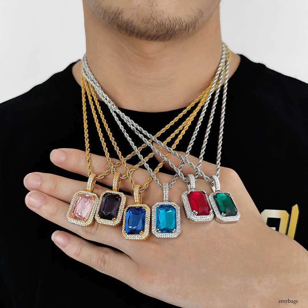 Hip-Hop Solid Square Colorful Trendy Brand Personality Micro-Inlaid Moissanite chain Men's Pendant Necklace