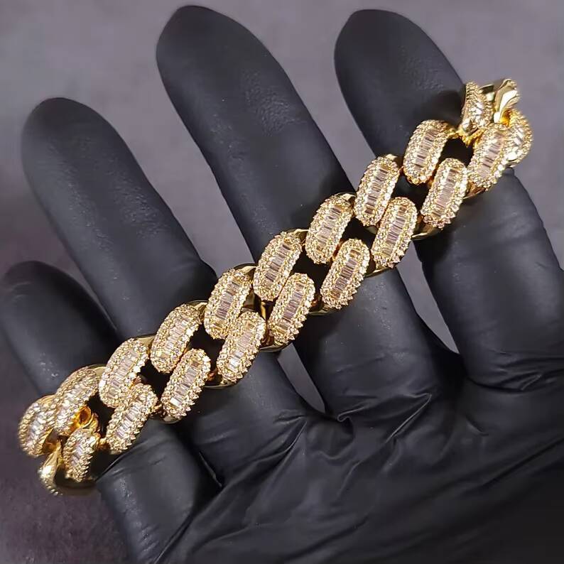 Baguette Cut 14mm Miami Chain VVS Iced Out Diamond Moissanite S925 Gold Plated Hip Hop Jewelry Cuban Link Chain for Men