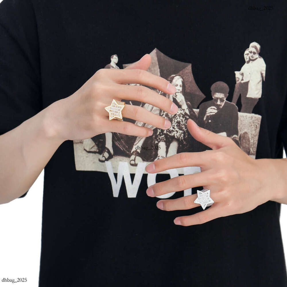 New Five-Pointed Star Cubic Zirconia Round Zircon Micro-Paved Men's Personality Trendy Hip-Hop Ring