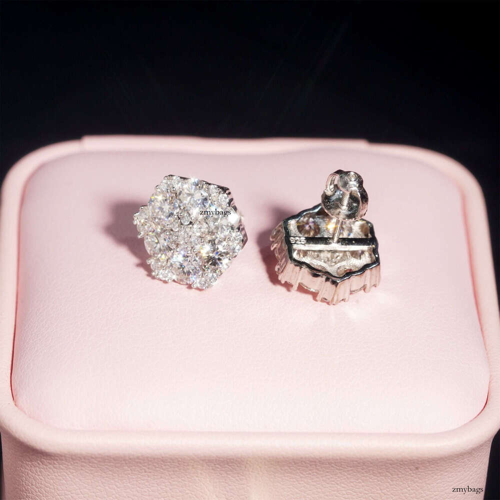 INS New Iced Out VVS Inlaid Moissanite Hexagonal Flower 13.5mm Stud Earrings