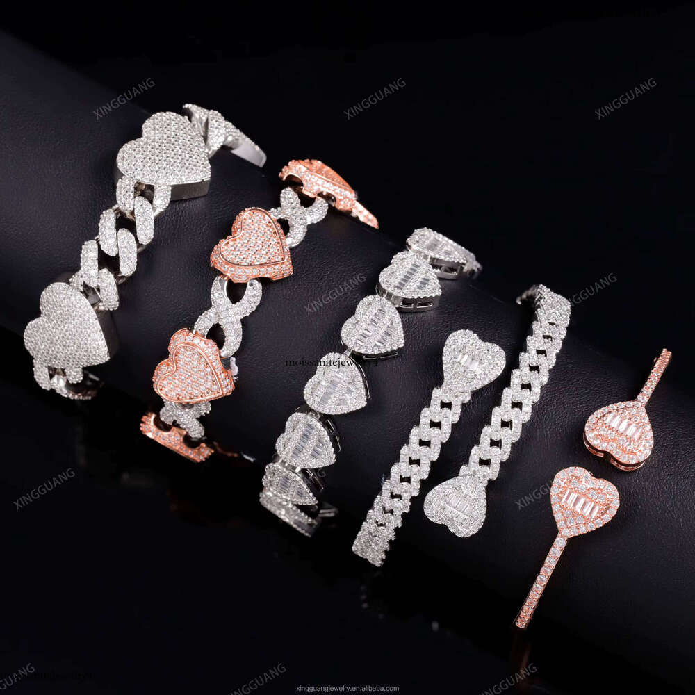 XG Pass Dia Tester Heart Shape Bracelets Iced Out Cuban Sier Gold Plated Vvs Moissanite