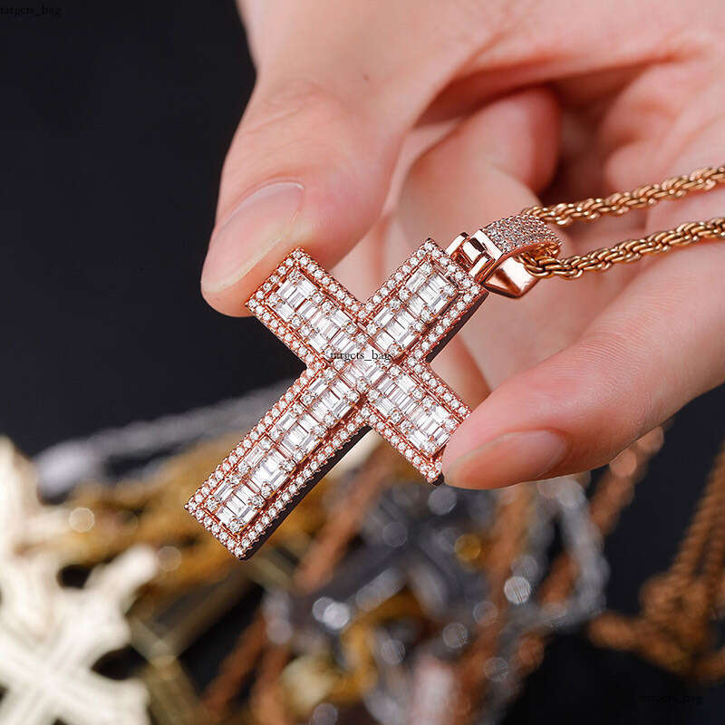 Hip Hop Double Row T Square Dia Rock Candy Cross Men's Trendy Full Moissanite chain Pendant