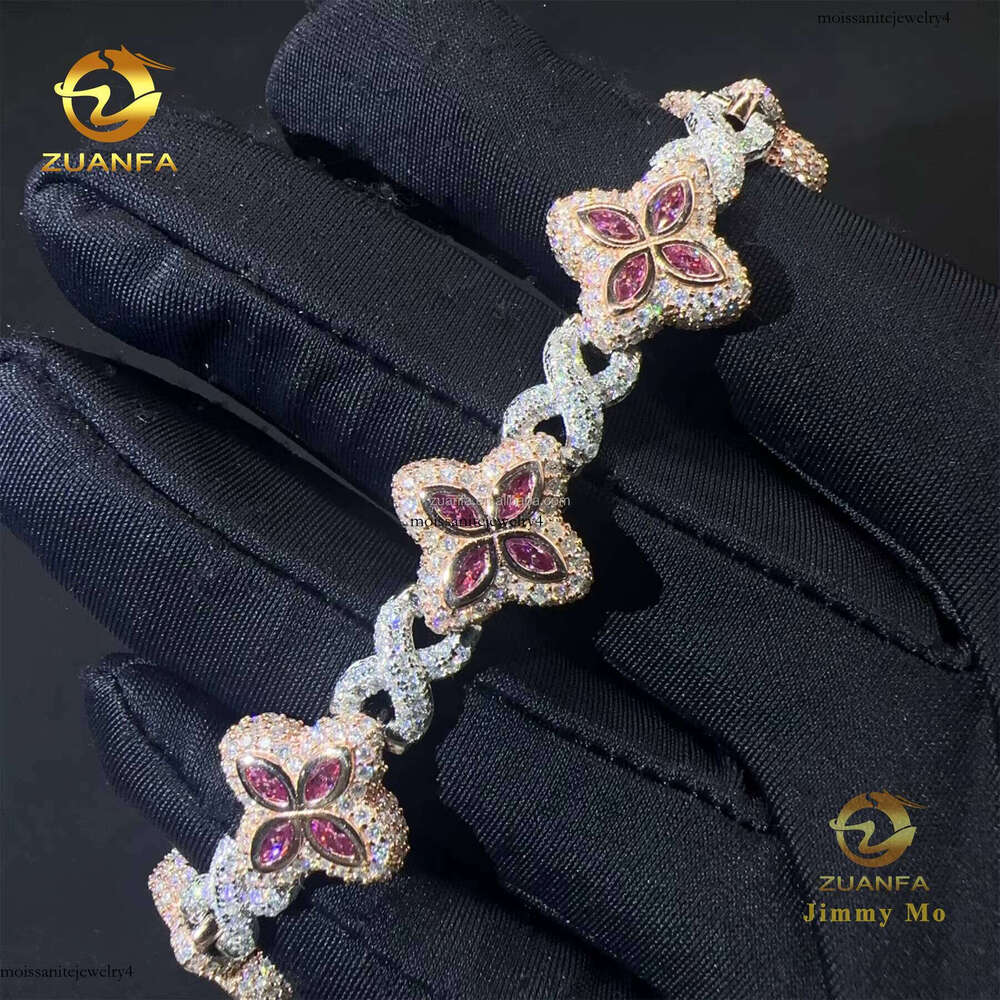 New Design 15mm Marquise Flower Hip Hop Jewelry Icy Pink Chrysolite Infinity Cuban Chain Bracelet