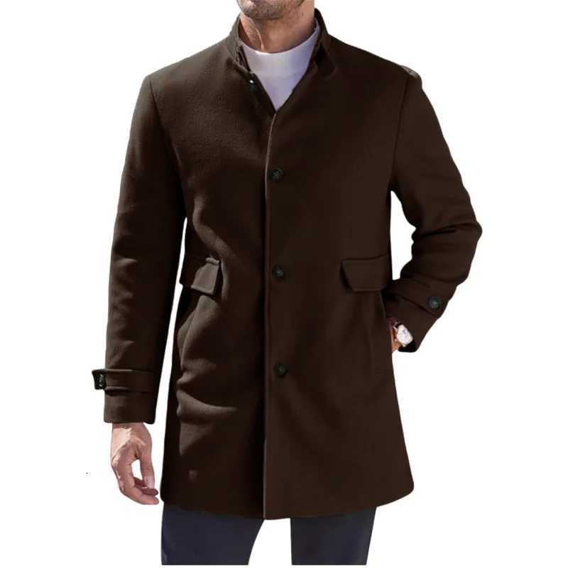Woolen Coat Mens Autumn Winter Solid Color Single Breasted Pockets Fashion Coats Jacket XJ250809