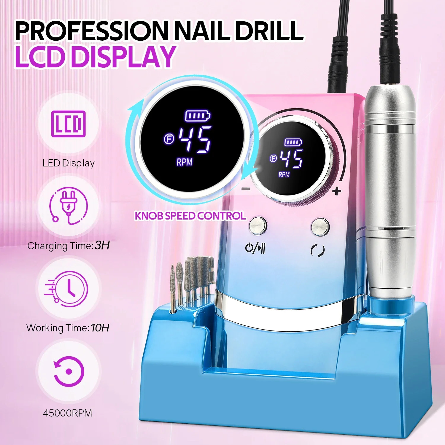 Professional 45000RPM Electric Portable Nail Drill Machine With Base Rechargeable Low Noise Nail Sander File For Manicure Salon 250805