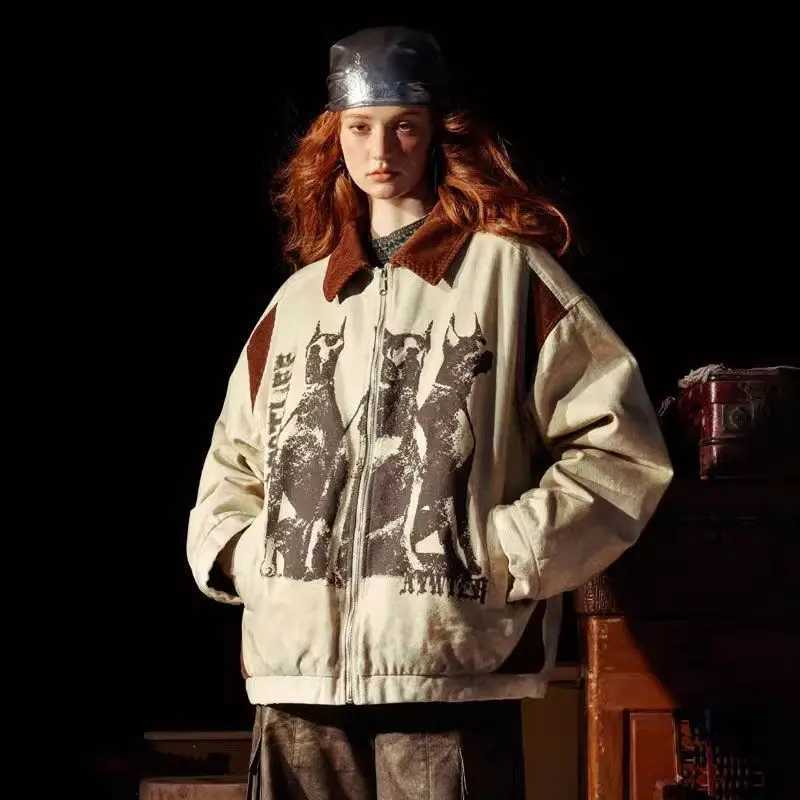 Korean Lapel Zipper Varsity Jacket Niche Printed Overcoat Men Women American Style 2024 New Fashion Unisex Retro Cityboy Jackets W250809