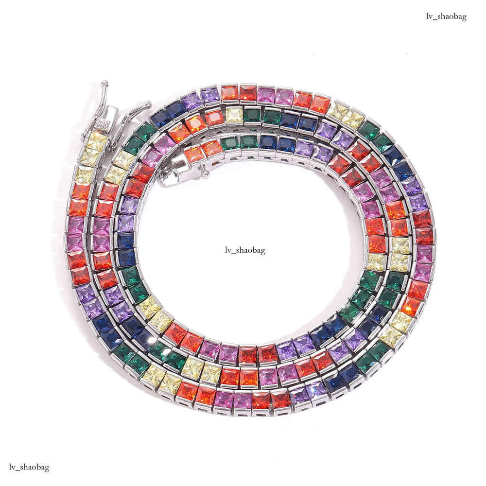 Necklace 4*4mm Colorful Square Moissanite chain Tennis Chain Sterling Silver Inlaid Men's Hip Hop Jewelry