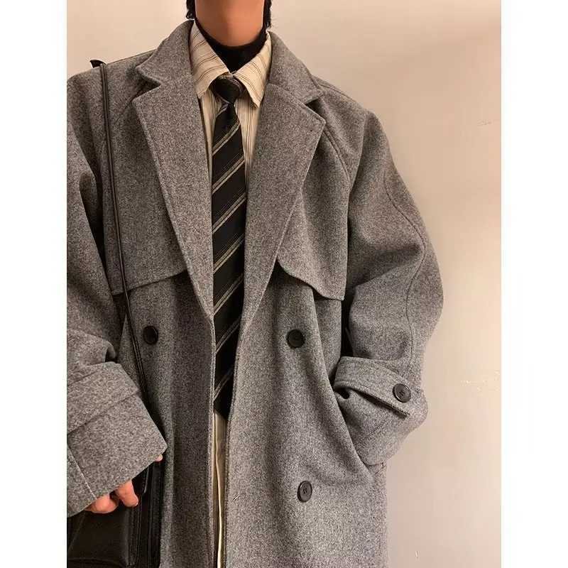 OIMG New Autumn Winter Double Breasted Woolen Coat Medium to Long Mens Woolen Windbreaker Loose Long Coat XJ250809