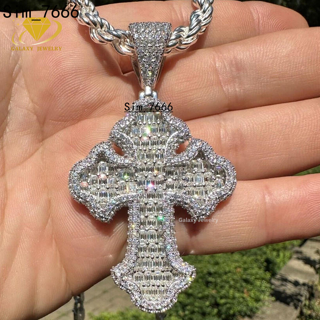 Hot Selling Customized Baguette Moissanite Diamond 925 Sterling Silver Cross Pendant Women Fashion Jewelry Accessories