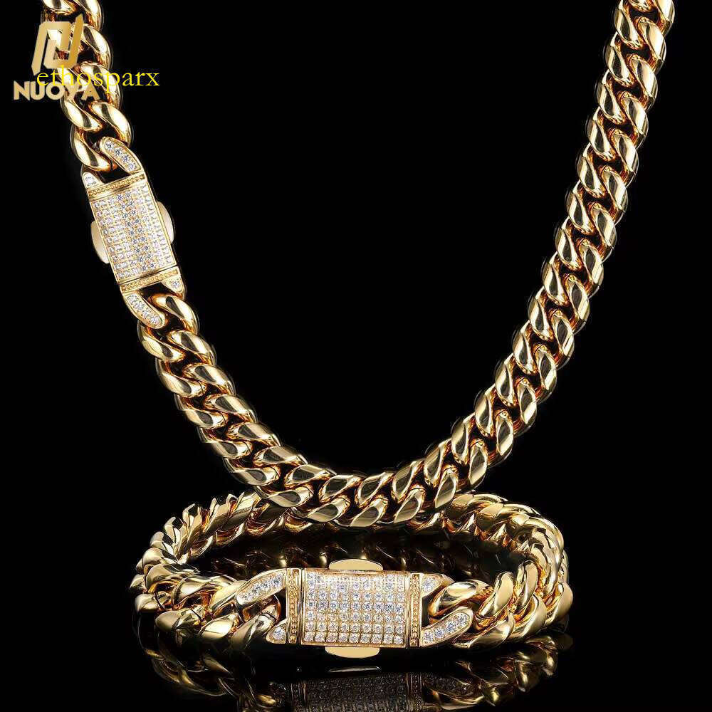 12mm HipHop Stainless Steel Miami Cuban Chain Gold Necklace for Men