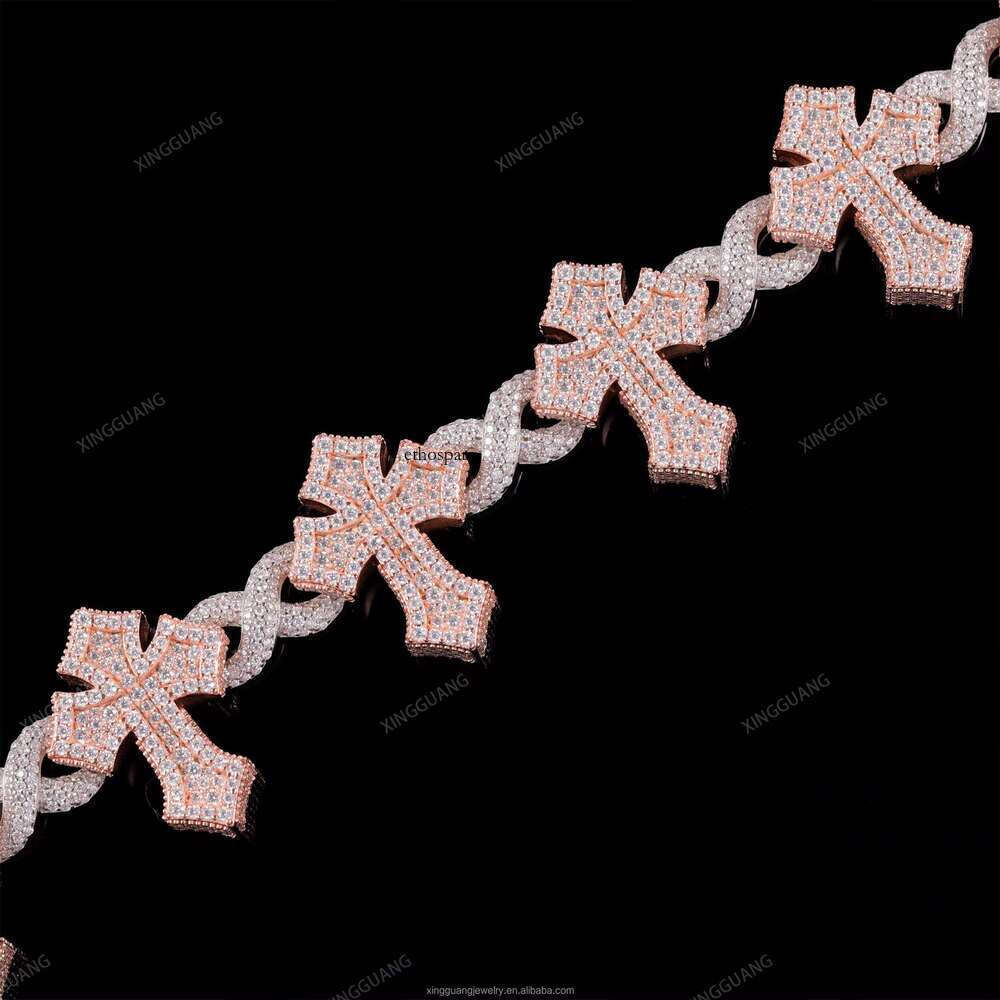 Customized Two Tone Colors Cuban Bracelet S Sier White& Rose Gold Plated VVS Dia Moissanite Hip Hop Cross Bracelets