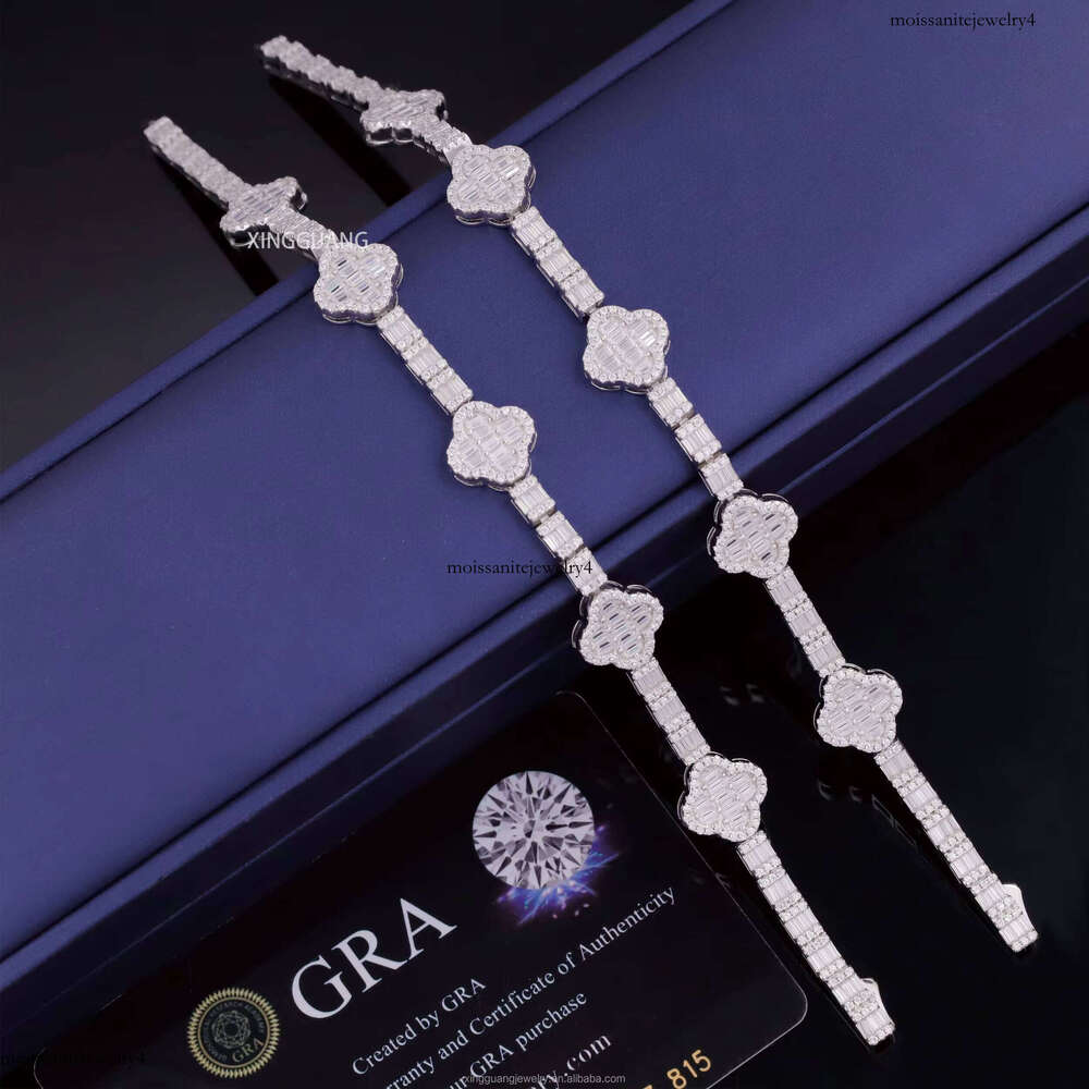Fashion Baguette Cut Moissanite Clover 12mm Wide Hip Hop For Man Women S VVS Dia CloverTennis Bracelet