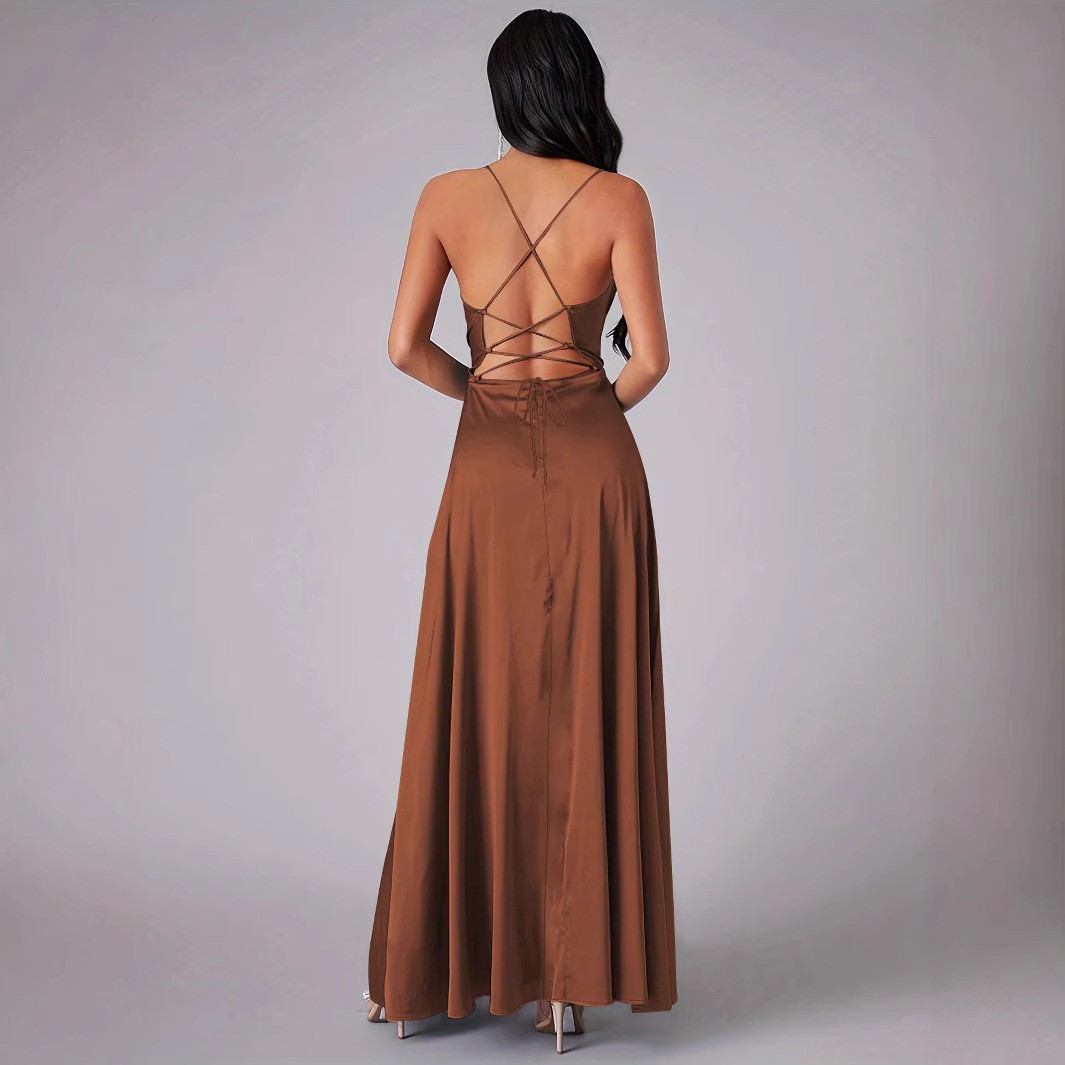 H82New sexy slit slim backless dress fashionable suspender dress long skirt