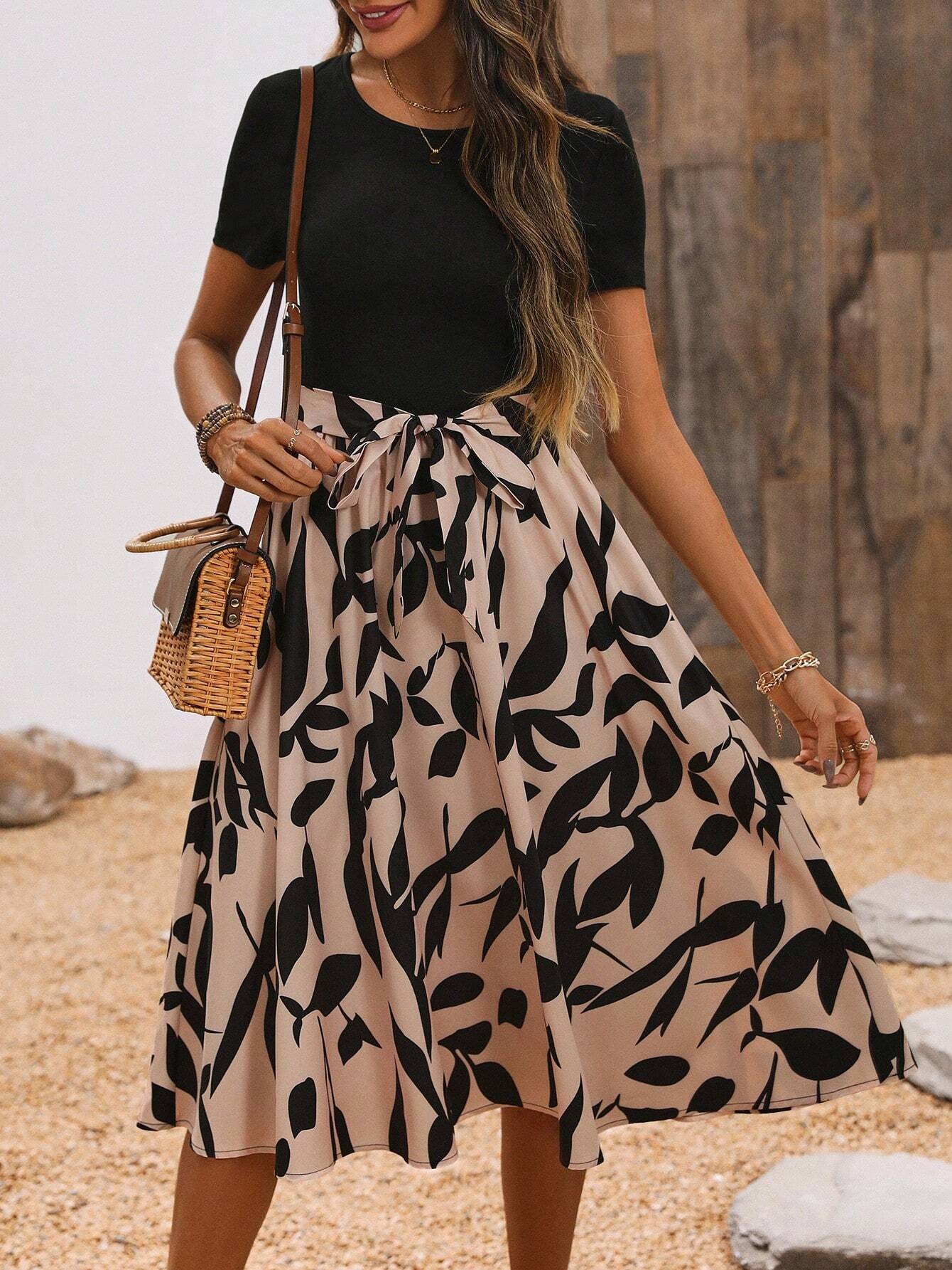 Women's printed high-waisted lace-up midi skirt