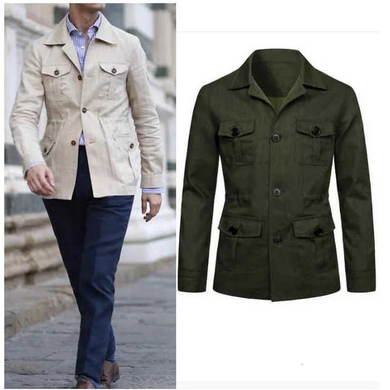 100% Cotton Linen Cargo Jackets Men Multi Pockets Outdoor Jacket Safari Jacket Streetwear Work Outwear 4 Colors Size M-5XL W250809