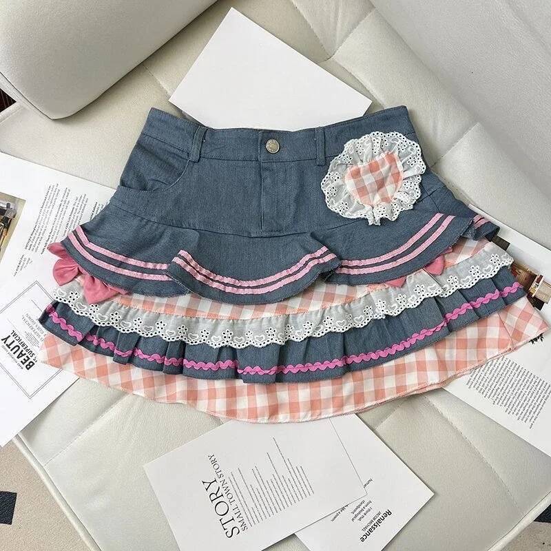 2025 Summer New Women's Cute Sweet Bow Cowboy Fluffy Skirt Fashionable Simple Fluffy Skirt Japanese Millennium Folded Fluffy trend Skirt Women�