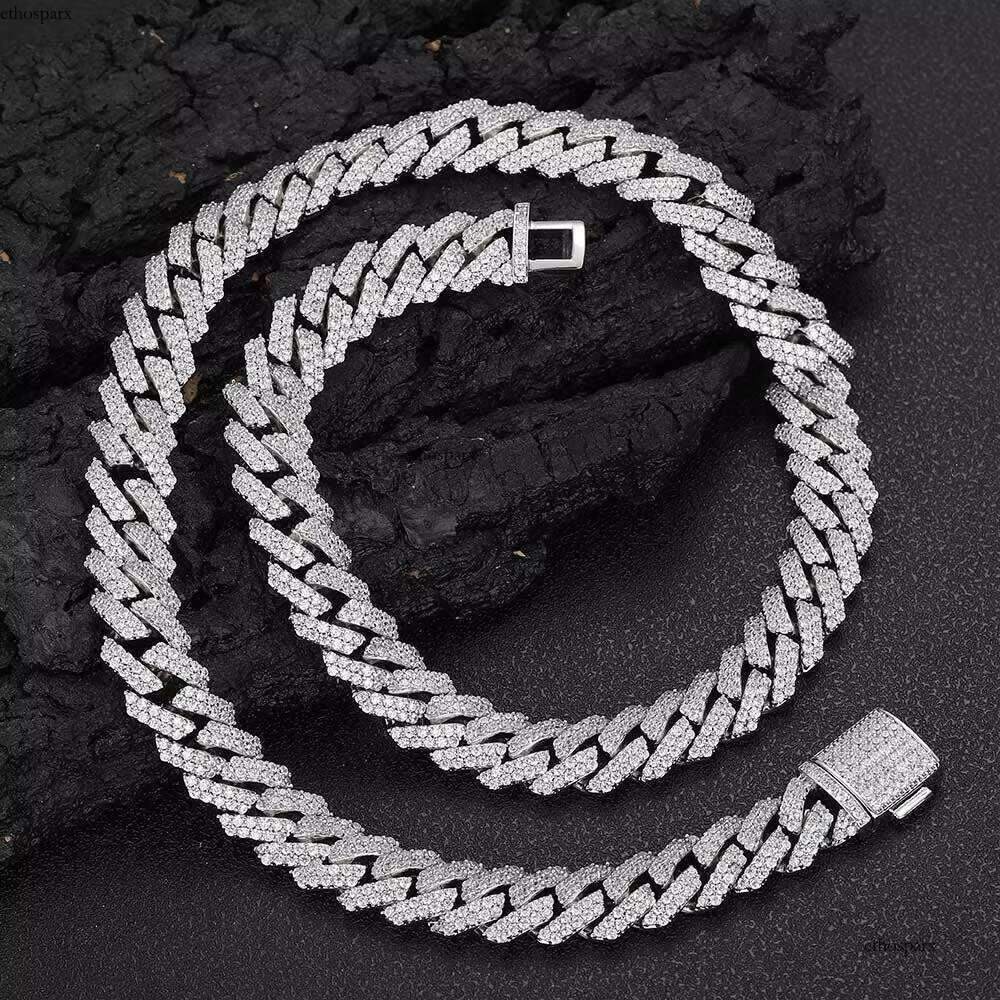NUOYA Hiphop Hight Quality VVS Moissanite Prong Link Necklace 12mm Sier Cuban Chain Men Jewelry