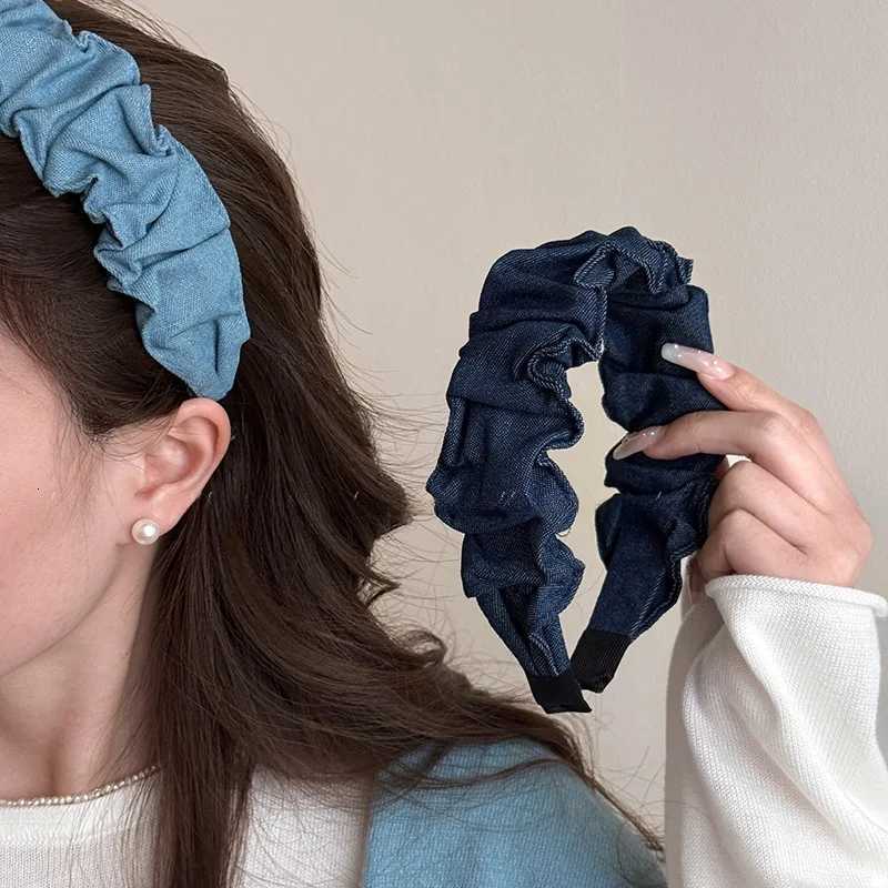 2 Denim Handmade Pleated Hair Hoop Vintage Wide Side Bands for Women Korean Hair Accessories Y250809