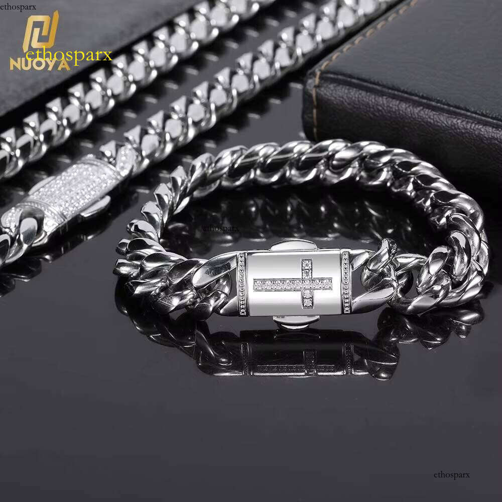 Stainless Steel Men Cuban Link Bracelets Hip Hop Sier Dia Cross Bracelet