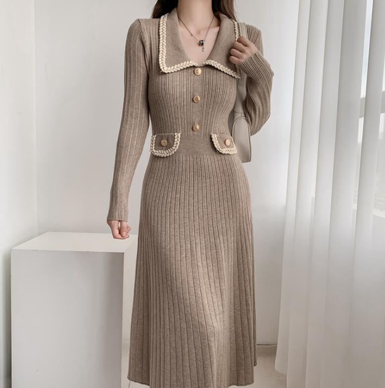 Tweed Style HighWaisted Slimming Knit Dress Womens AutumnWinter New Design Sensibility Base MiddleLength Sweater Dress R250809