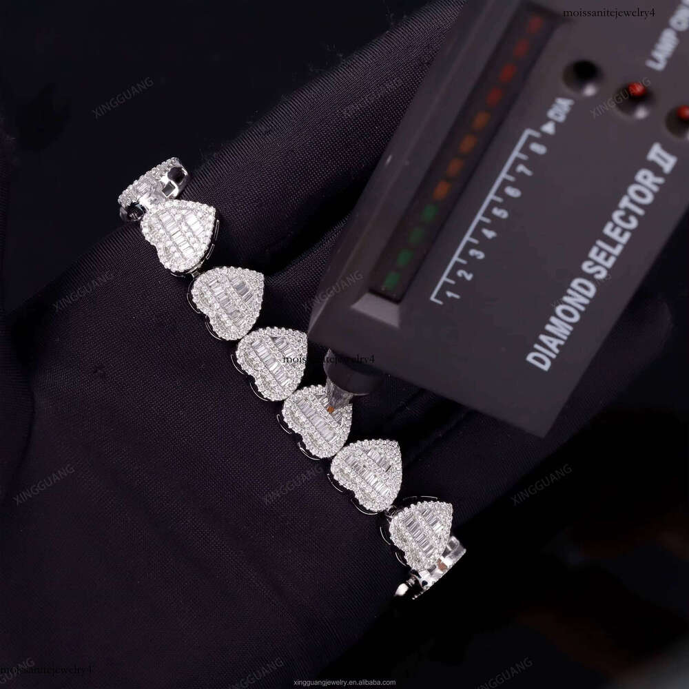 XG Pass Dia Tester Heart Shape Bracelets Iced Out Cuban Sier Gold Plated Vvs Moissanite