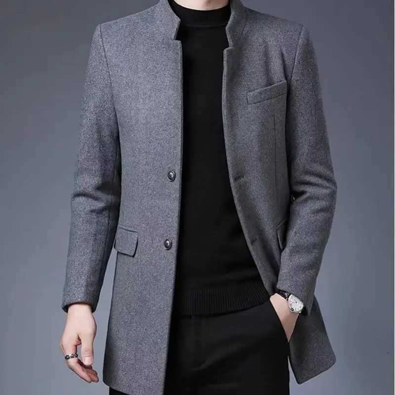 4XL Mens Fake Wool Blend Trench Coat Winter Warm Slim Fit Single Breasted Long Top Coat Casual Streetwear Autumn Clothing Man XJ250809