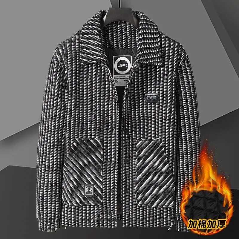 Classic Vertical Stripes Woolen Jacket Mens Winter Straight Casual Business Trench Coat Social Overcoat Streetwear Men ClothingXJ250809