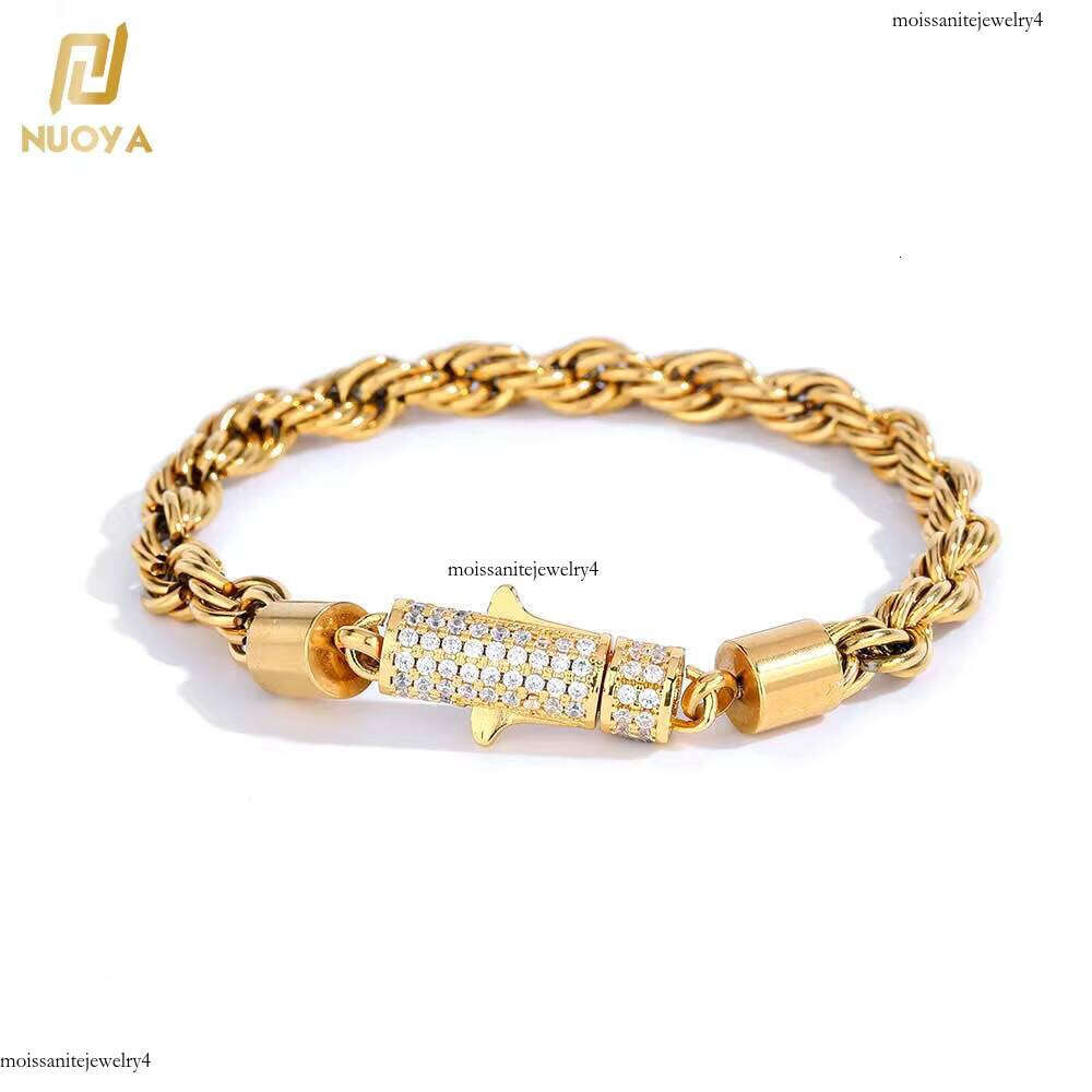 Nuoya New Style 6mm Iced Out Clasp Chain Stainless Steel Gold Plated Twist Rope Chaain Bracelet Jewelry for Women