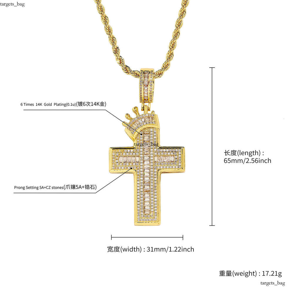 Hip Hop Crown Cross Shape Inlaid Dia Pendant Necklace Fashion Trend Unisex Cable Knit Sweater Chain