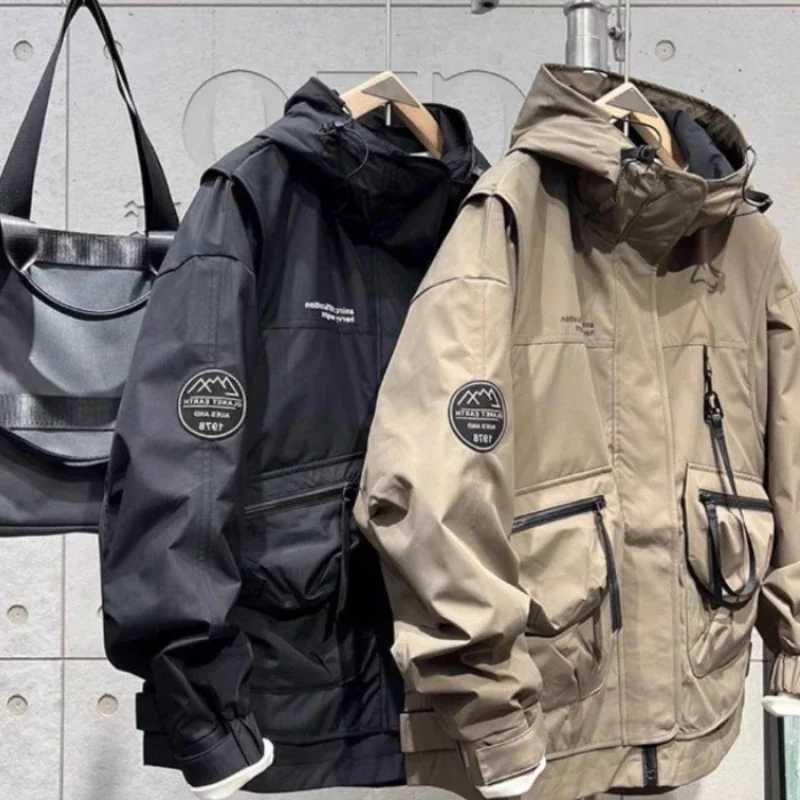 2023 Spring Autumn Cargo Jacket Patchdesign Zipper Hooded Multiple Pockets Coat Mens New Workwear Handsome Loose Outdoor Jacket W250809