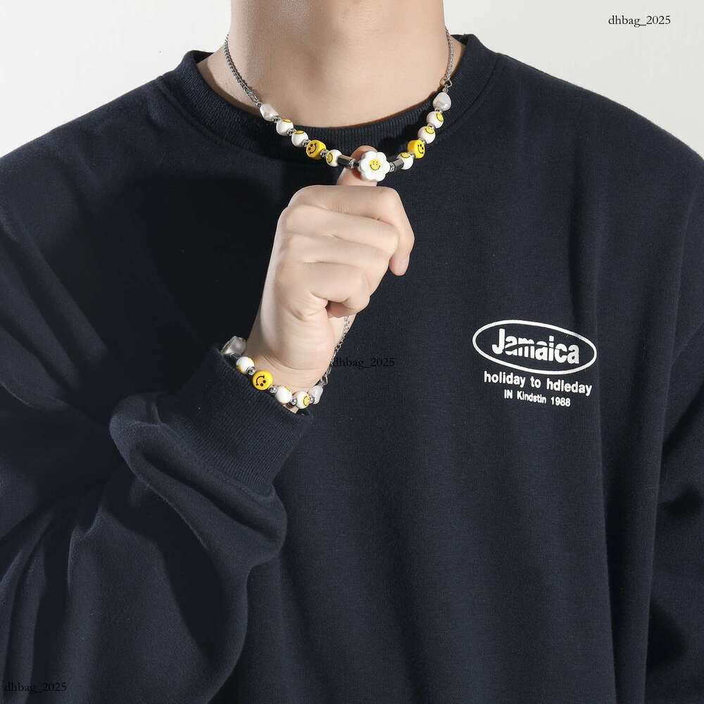 Ins Hip-Hop Sterling Silver Smiley Face Suower Pearl Necklace Unisex Personality Choker Bracelet
