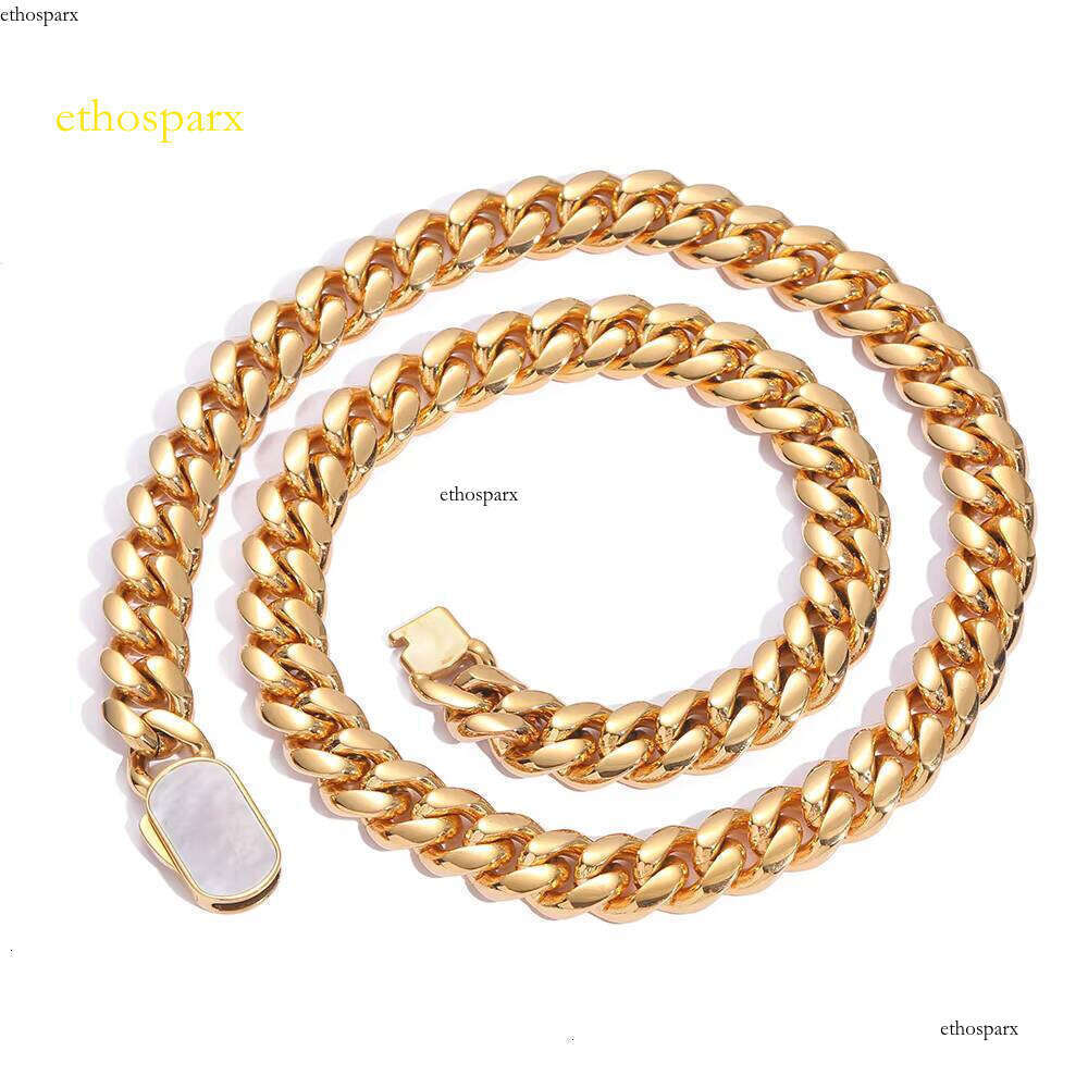 New Style 8mm 12mm Cuban Link Pave Shell Clasp Gold Plated Stainless Steel Chain Necklace