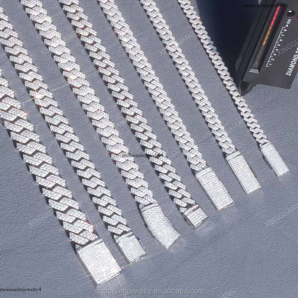 XingGuang 13mm 15mm 20mm Hip Hop Iced Out Necklace 100% Pass Dia Test Vvs Moissanite Sier Cuban Link Chain