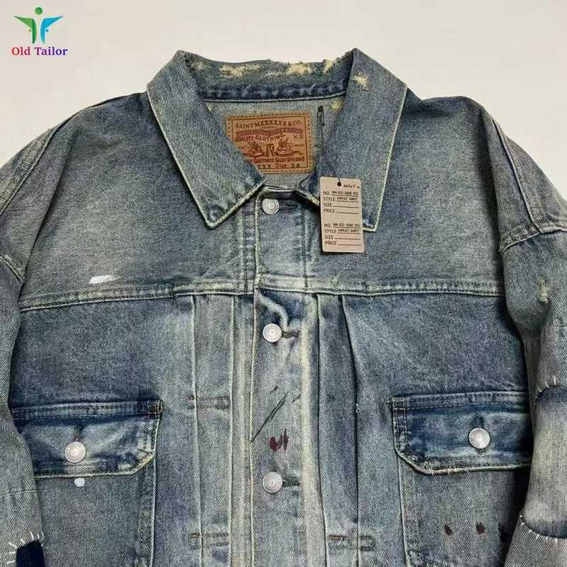 New Brand SAINT Heavy Work Destruction Old Worn Holes Denim Jacket Graffiti Heavy Wash Jacket 2025 Denim Coat W250809