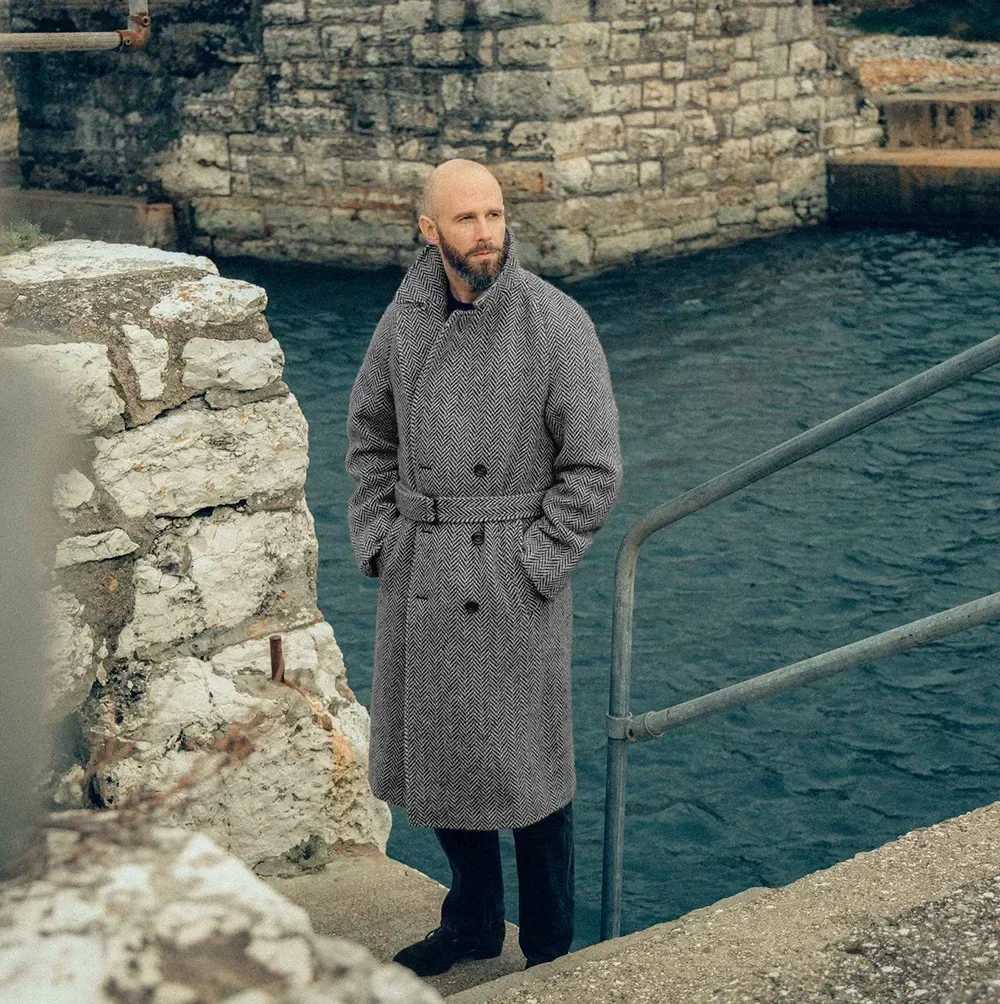 2024 Mens Medium and Long Suit Collar Plaid Coat Mens Double-breasted Cotton-padded Autumn and Winter Fashion XJ250809