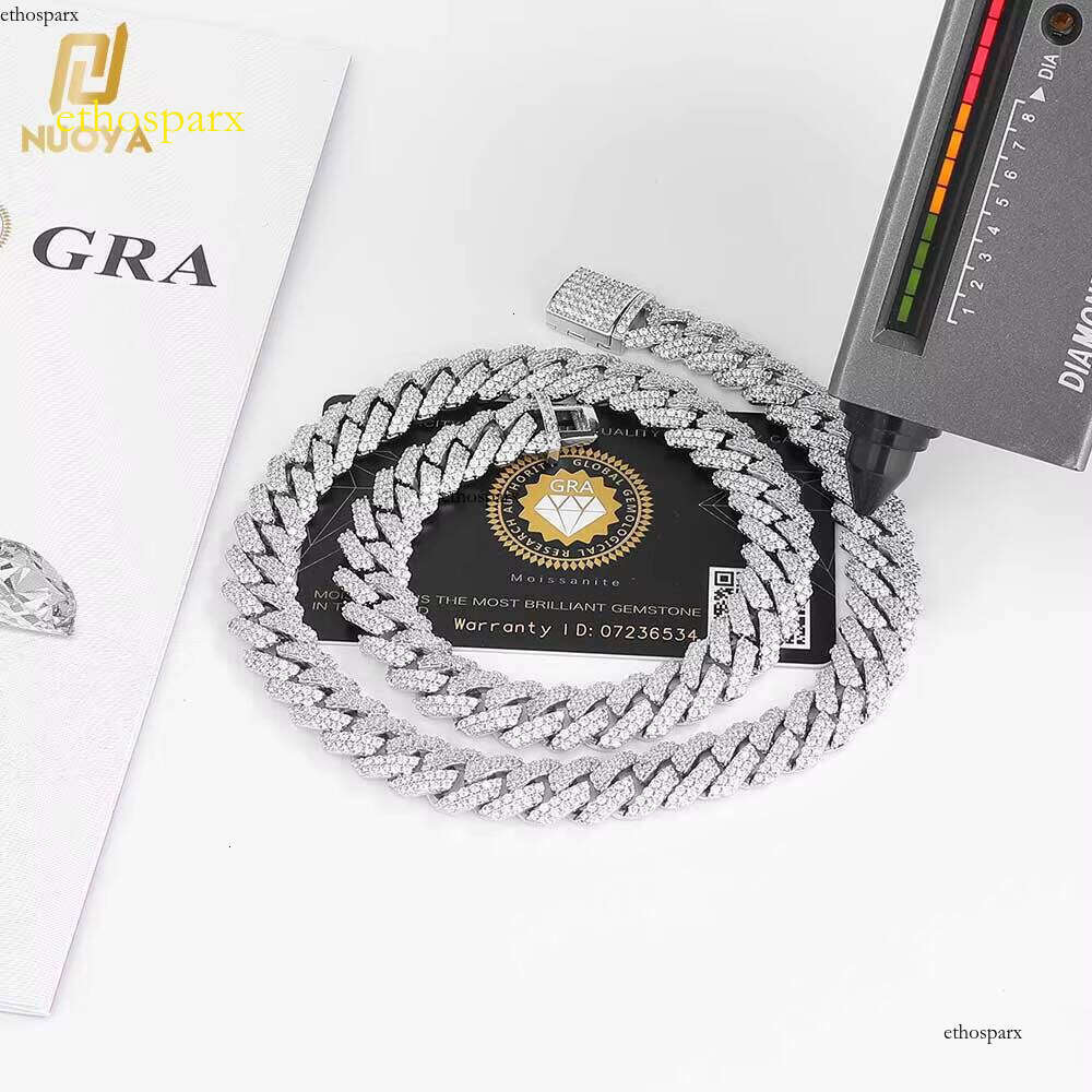 NUOYA Hiphop Hight Quality VVS Moissanite Prong Link Necklace 12mm Sier Cuban Chain Men Jewelry