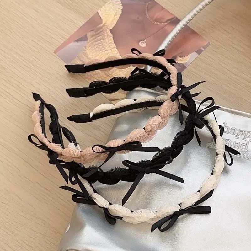 Korean Black Ribbon Bow Bezel Bands for Women Girls Sweet Thin Edge Lace Mesh Hair Bands Haiand Hair Accessories Y250809