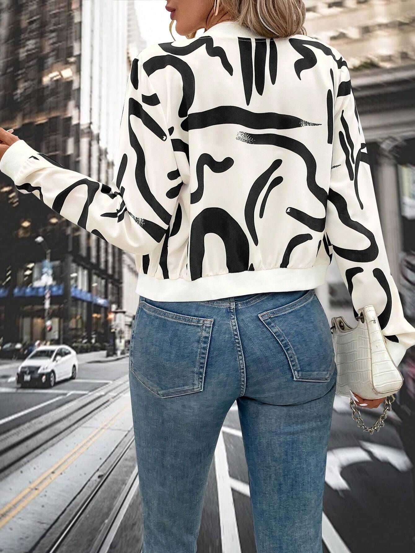 Women's black and white printed short-sleeved baseball jacket