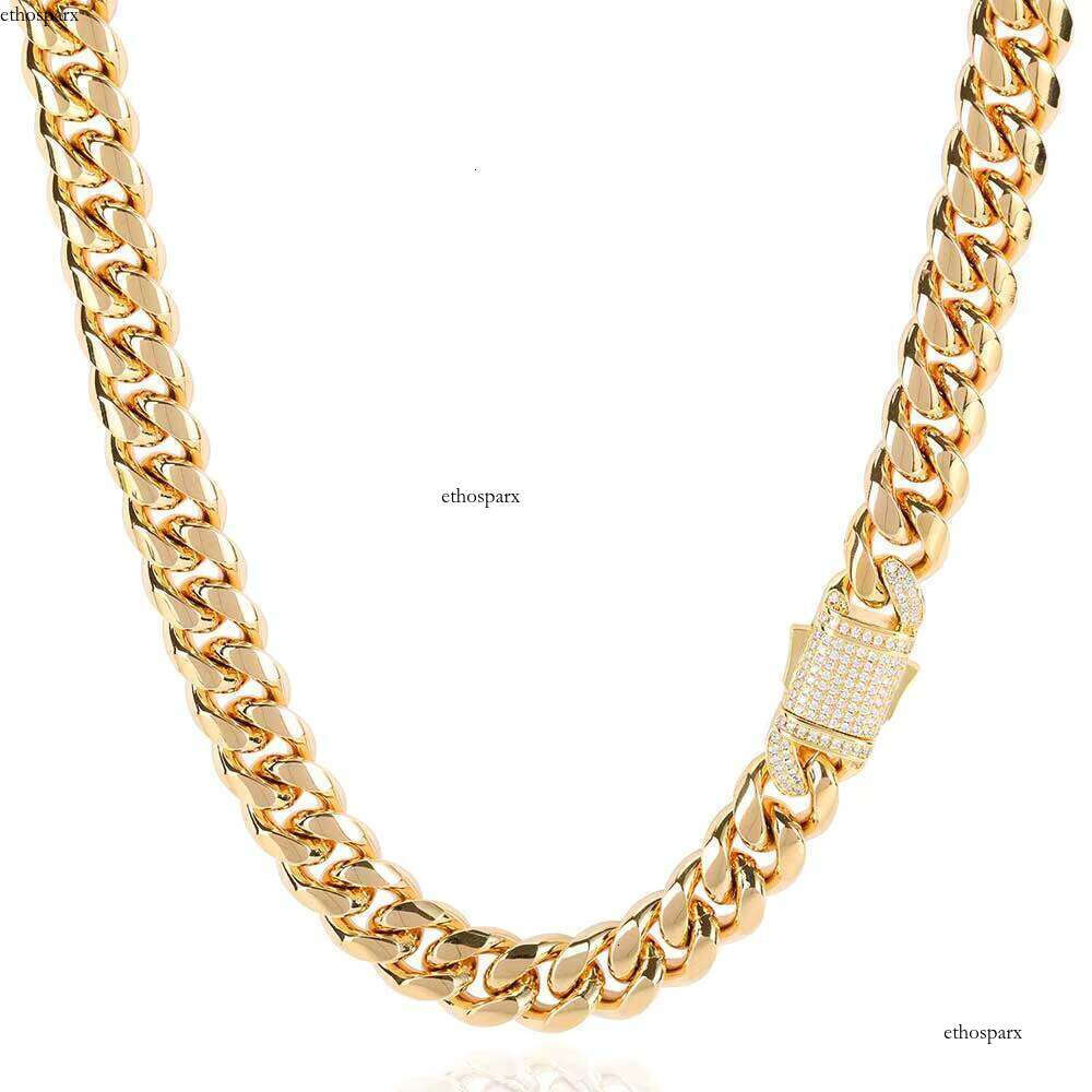Unisex 10mm Cuban Link Necklace Micro Pave CZ Dia Clasp Stainless Steel Chain Gold Plated Jewelry for Men and Women's Gift