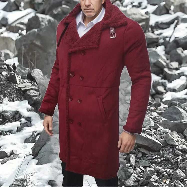 New Mens Coat Faux Suede Lamb Wool Coat Long Sleeve Double Breasted Pockets Parka Jacket XJ250809